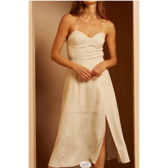 Crescent Sand Linen Blend Halter Slit Open Back Coastal Boho Dress Size M - Picture 1 of 13
